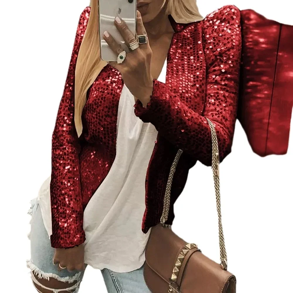 2024 Spring New European American Women's Fashion Stand Collar Solid Color Sequin Jacket Cropped Casual Versatile Small Jacket - Image 5