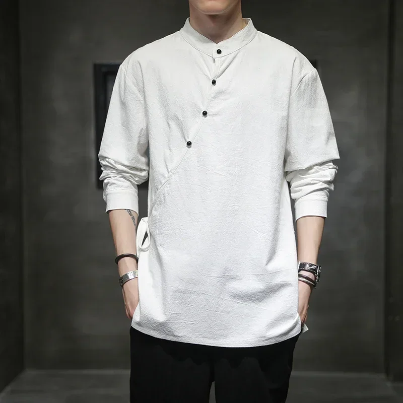 Mens Chinese Style Hemp Shirt Cotton Linen Tang Suit Hanfu Retro Stand-Up Collar Zen Clothes Harajuku tops Clothes Men Clothing cotton shirt