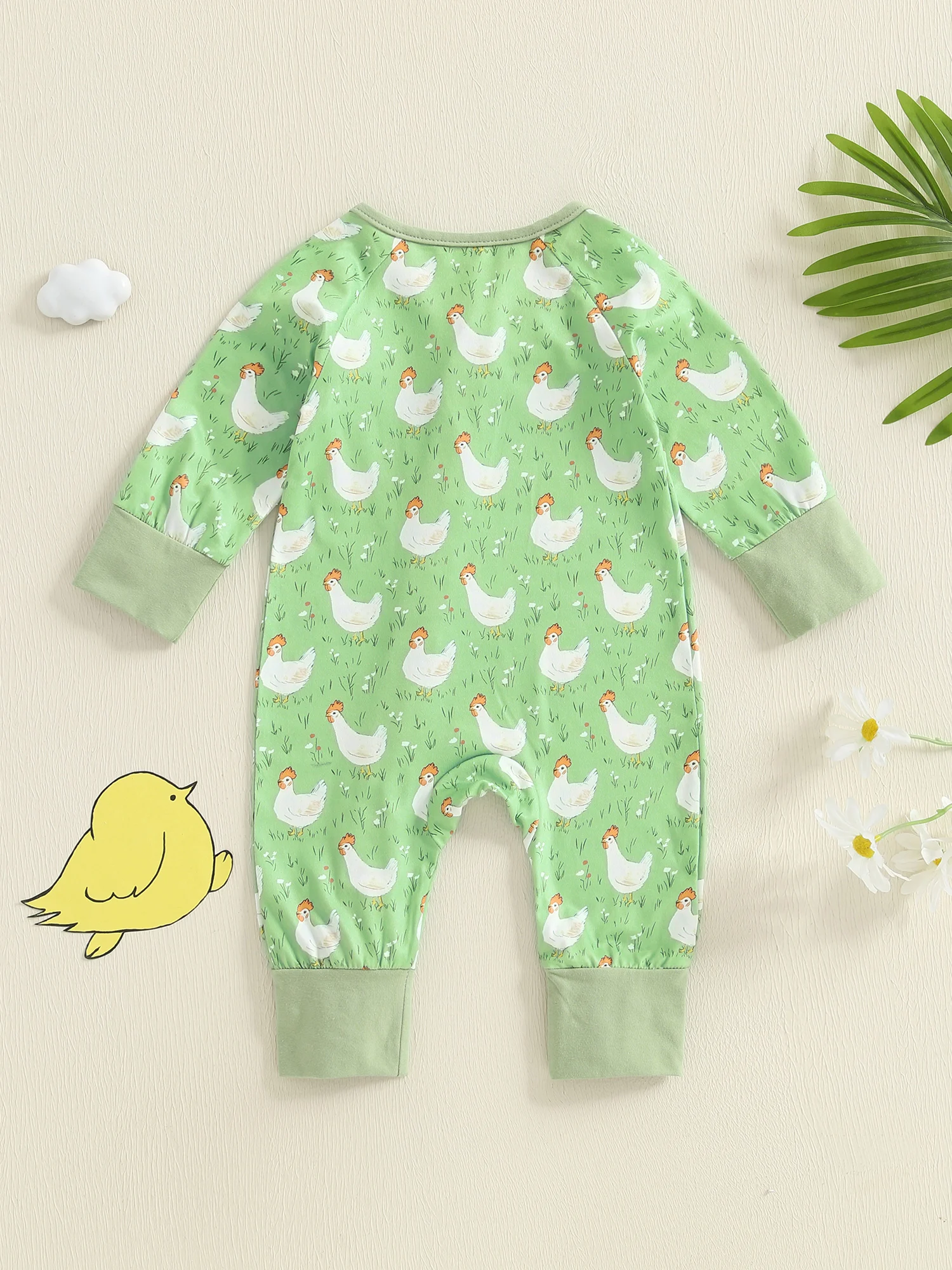 FOCUSNORM 0-18 Monate Kleinkinder Baby Mädchen Jungen Herbst Overalls Huhn Aufdruck Langarm Rundhals Schräger Reißverschluss Strampler mit Stirnband – Detail 2