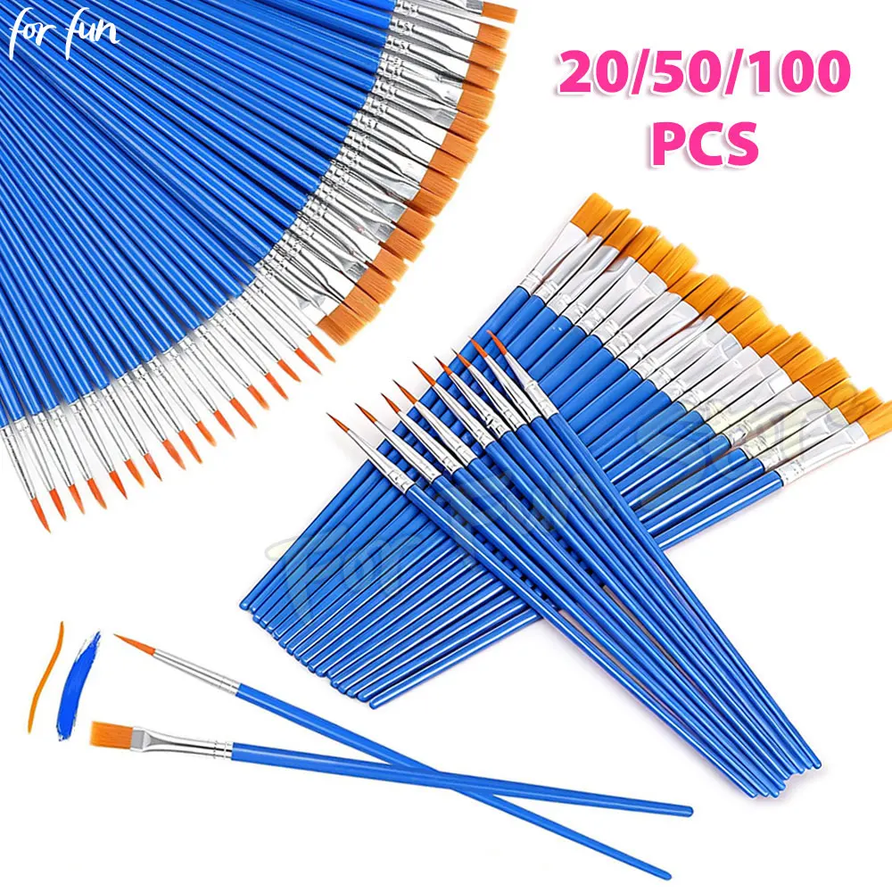 재미를 위해 20/50/100PCS 플랫 헤드 나일론 헤어 브러쉬 페인팅 브러쉬 세..