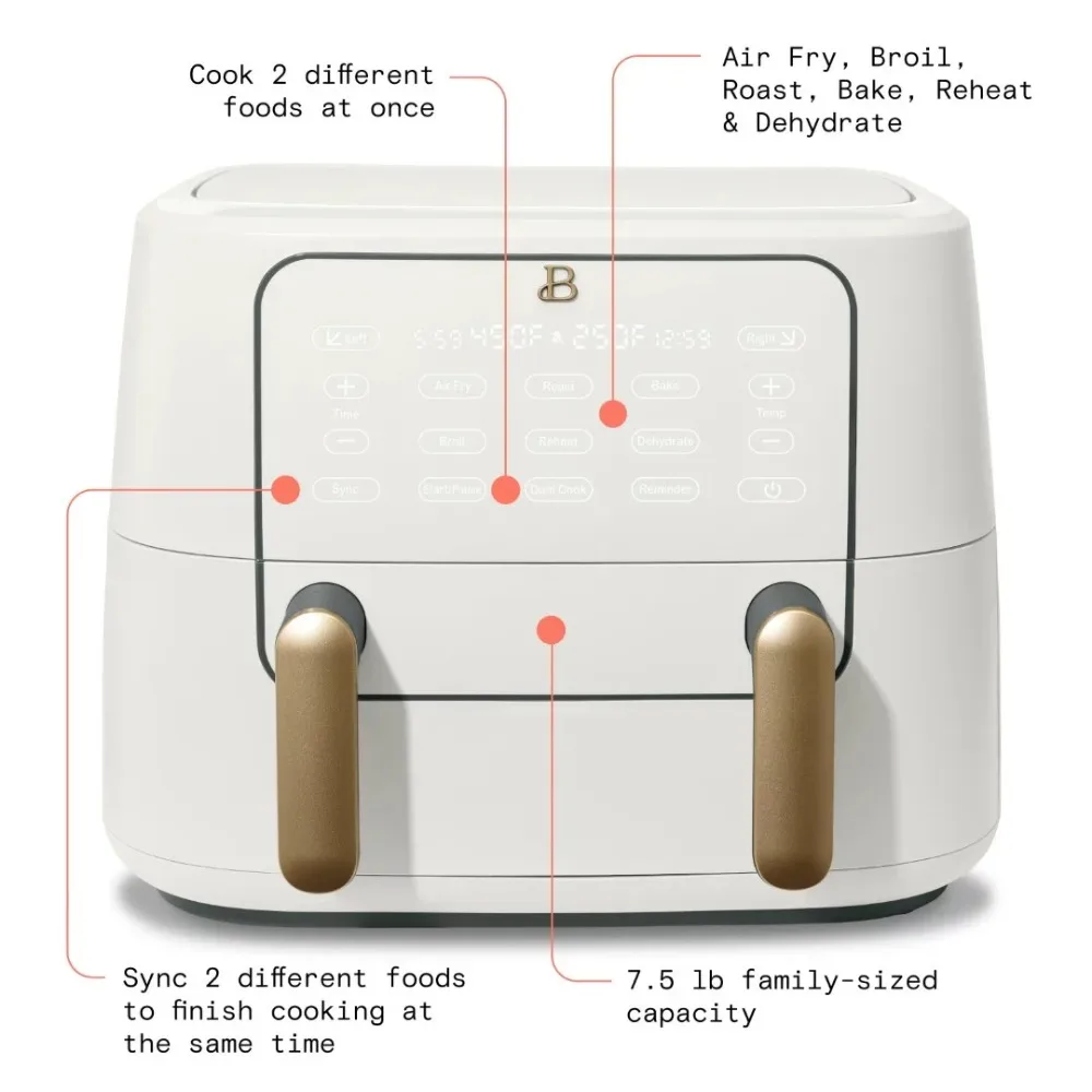 9 QT Air Fryer,Air fry, roast, reheat, dehydrate, bake or broil,Sync two different foods,touch-activated display illuminates. 4