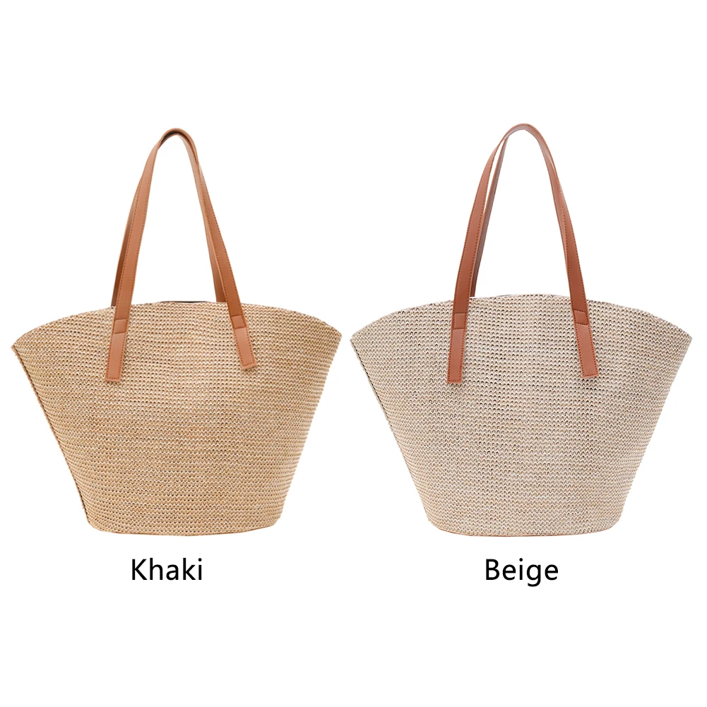 Women Shopping Tote Bag Fashion Simple Straw Shoulder Bag Handmade Rattan Woven Beach Purse Female Shoulder Portable Basket Bags