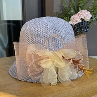 2023 New Fashion Women Party Fedoras Hat Spring Summer Bowler Straw Cap Breathable Knitted Flax Gauze Elegant Flowers Sun Hat 4