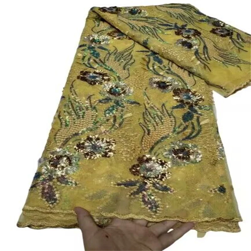 

Latest African Net Lace Fabric 5Yards Yellow Lace Material Embroidery Tulle French Mesh Lace Fabric With Sequins For Wedding