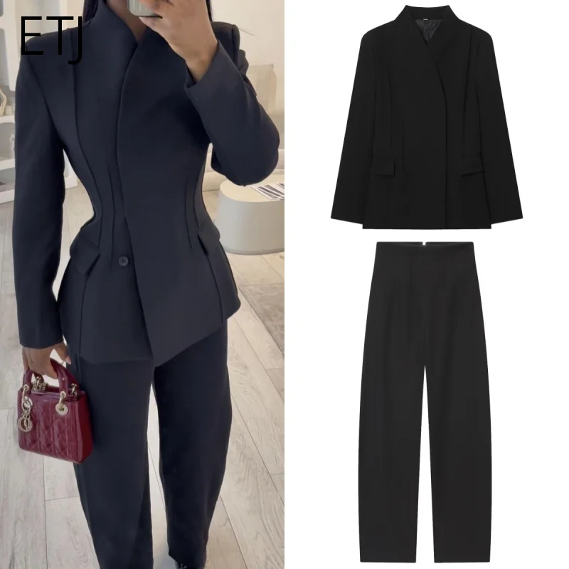 ETJ 2025 – veste de costume slim à col haut et pantalon décontracté assorti pour femmes, nouveau design de mode, coupe tridimensionnelle