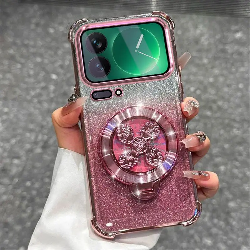Gradient Glitter Holder Phone Case with Hand Strap and Electroplated Finish
