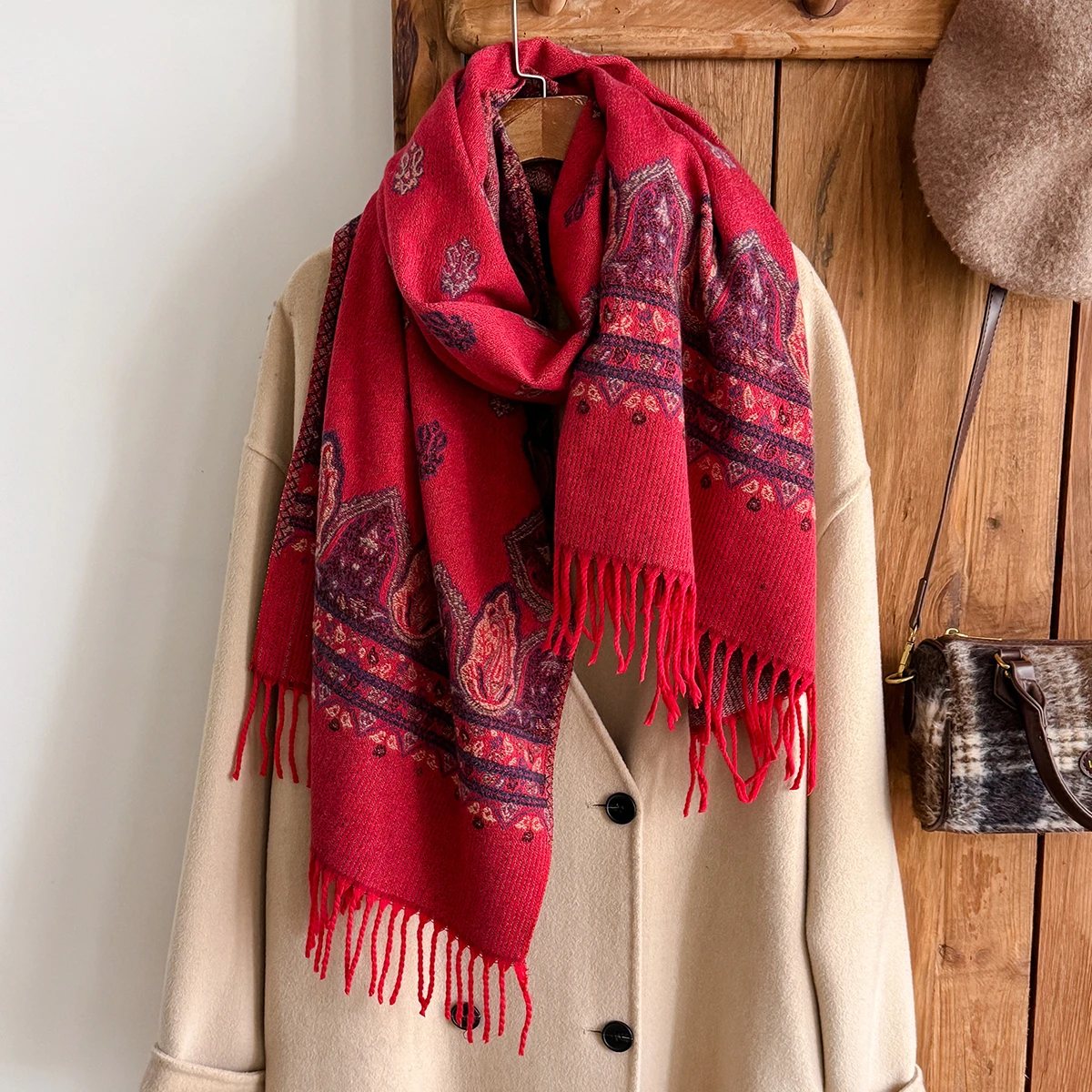 Brand Fashion Women's Winter Warm Cashmere Shawl - Vintage Floral Oil Painting Printed Tasseled Pashmina Thick Wrap