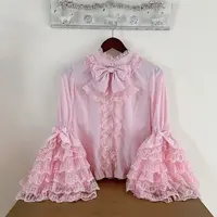Gothic & Sweet Lolita Shirt - Long Sleeve Ruffled Blouse for JSK Dresses, Kawaii Doll Lace Top with Puff Sleeves in Pink/White - Image 4