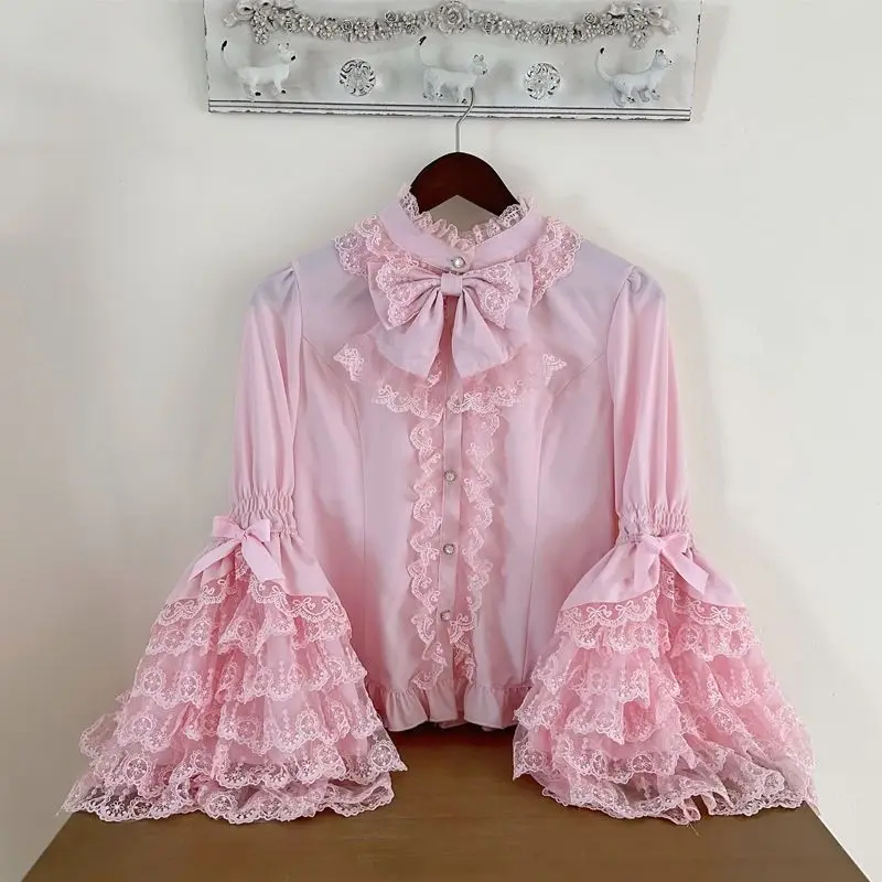 Gothic & Sweet Lolita Shirt - Long Sleeve Ruffled Blouse for JSK Dresses, Kawaii Doll Lace Top with Puff Sleeves in Pink/White