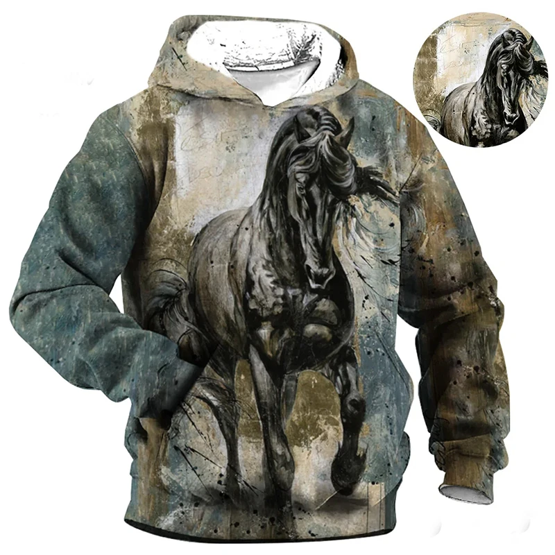 

Толстовка унисекс с капюшоном, модный уличный свитшот в стиле хип-поп, с 3D-принтом лошади, пуловер с длинным рукавом в стиле Харадзюку