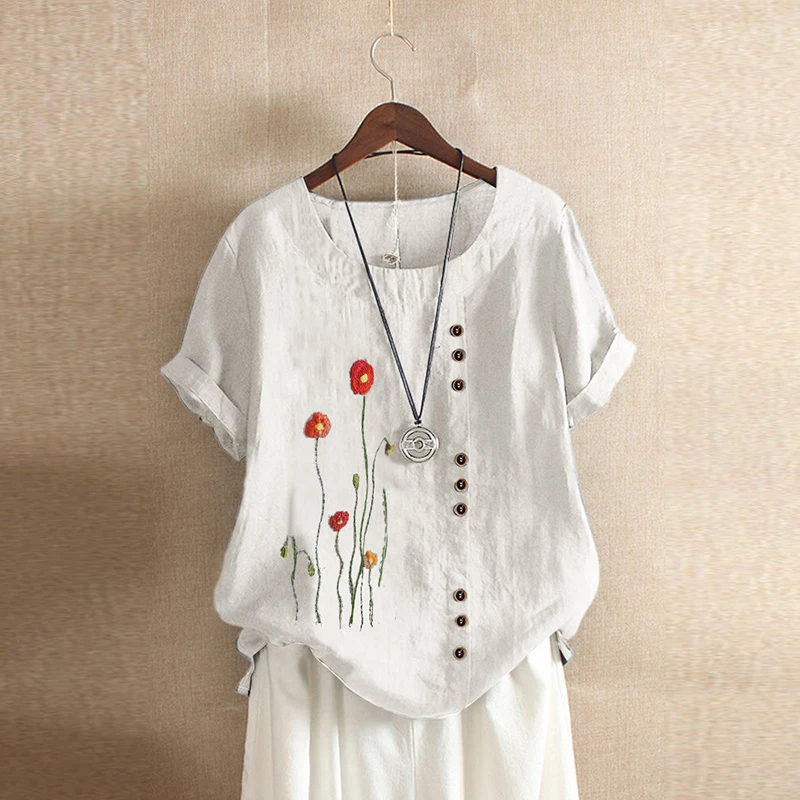 

Oversize Elegant Women Fashion Round Neck Short-sleeved Blouse Mid-length Floral Print Pullover Shirt Plus Size Clothes Tops