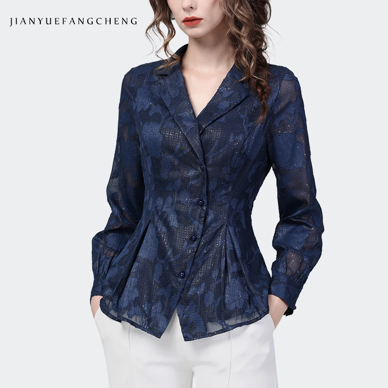 Elegant Suit Collar Women' Blue Long Sleeve Embroidered Blouse Slim Fit Single-breated Button-down Shirt Vintage Casual Tops