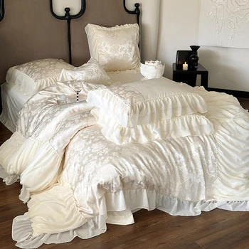 High End Egyptian Cotton Bedding Sets Luxury Beige Jacquard Satin Duvet Cover Bed Sheet Pillowcases Chiffon Lace Quilt Cover