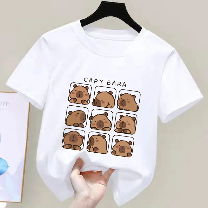 Capybara Kids Summer Cartoon Print 100% Cotton Short Sleeve Crewneck Casual Girls' Fashion Tee