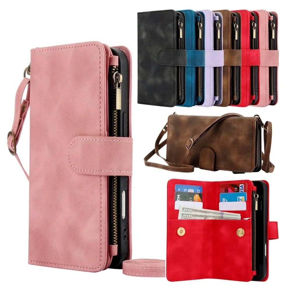 Leather Wallet Phone Case with Wrist Strap and Zipper Purse