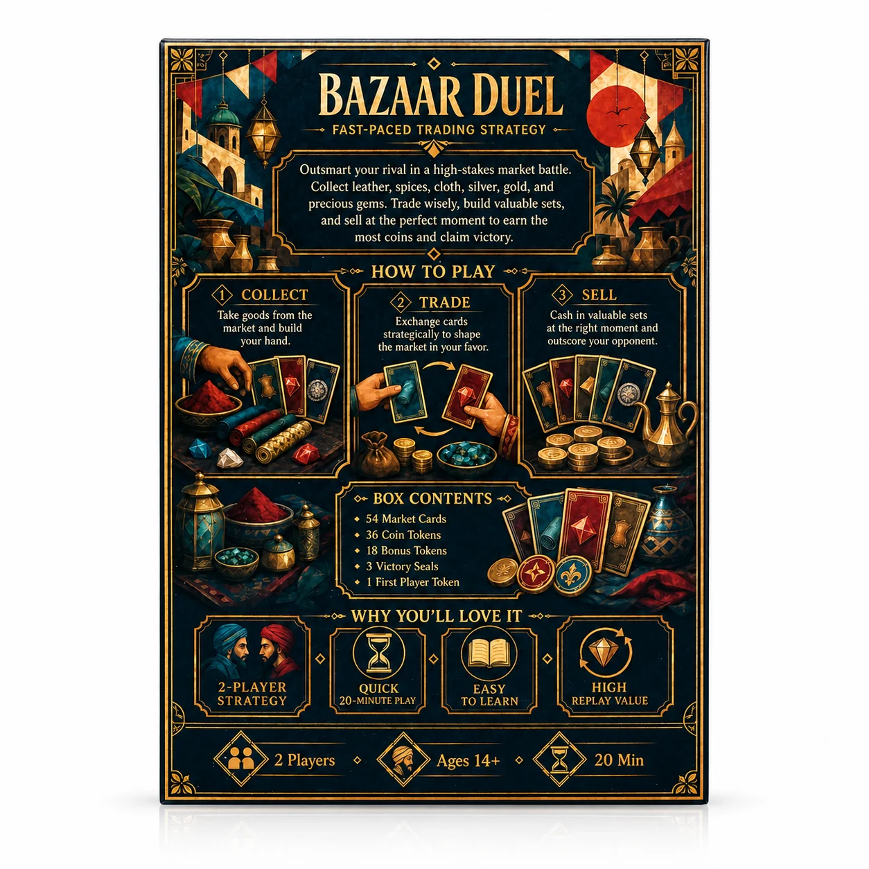 Bazaar Duel Card Game: Fast-Paced Market Trading Strategy Board Game with Leather, Spices, Silver, and Gems