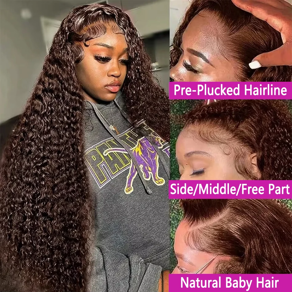 Curly HD 230% 13x6 Chocolate Brown Deep Wave Human Hair Wigs 13x4 Lace Front Water Wave 30 40 Inch Transparent Lace Frontal Wig