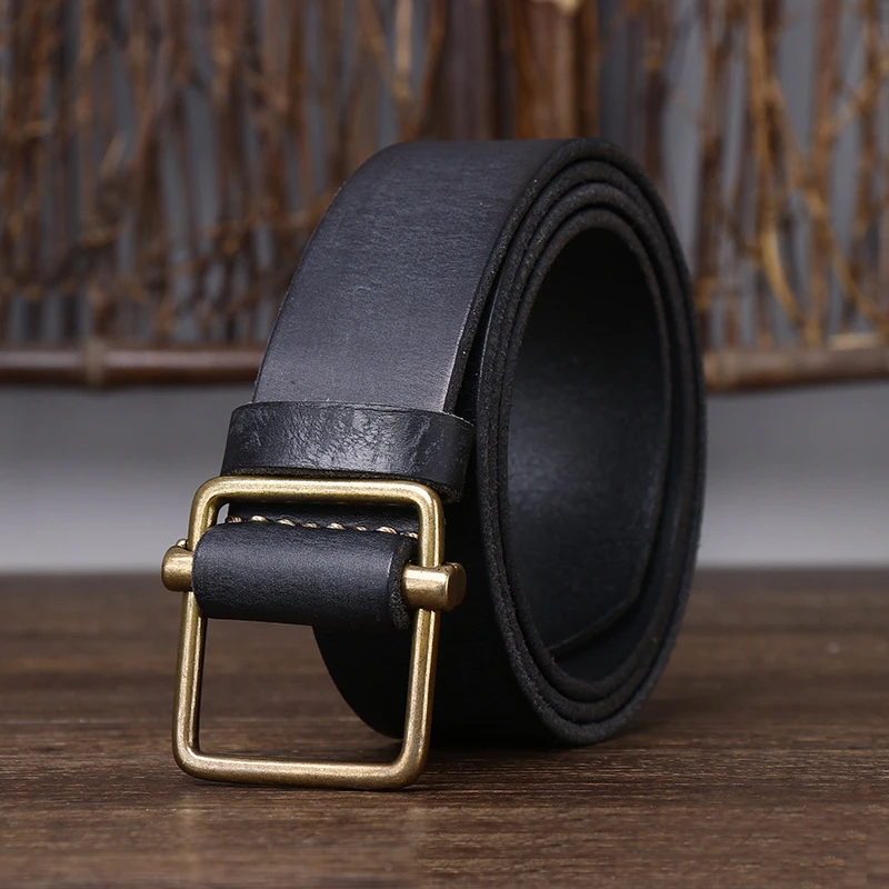 3.8CM No Hole Men's Belt Thick Genuine Leather Strap Copper Buckle Cowhide Casual Jeans Belt High Quality Retro Luxury Male Belt