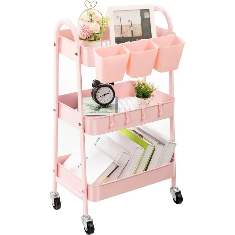3-Tier Rolling Cart, Metal Rolling Storage with Lockable Wheels & Hanging Cups & Hooks, Mobile Trolley Cart for Kitchen
