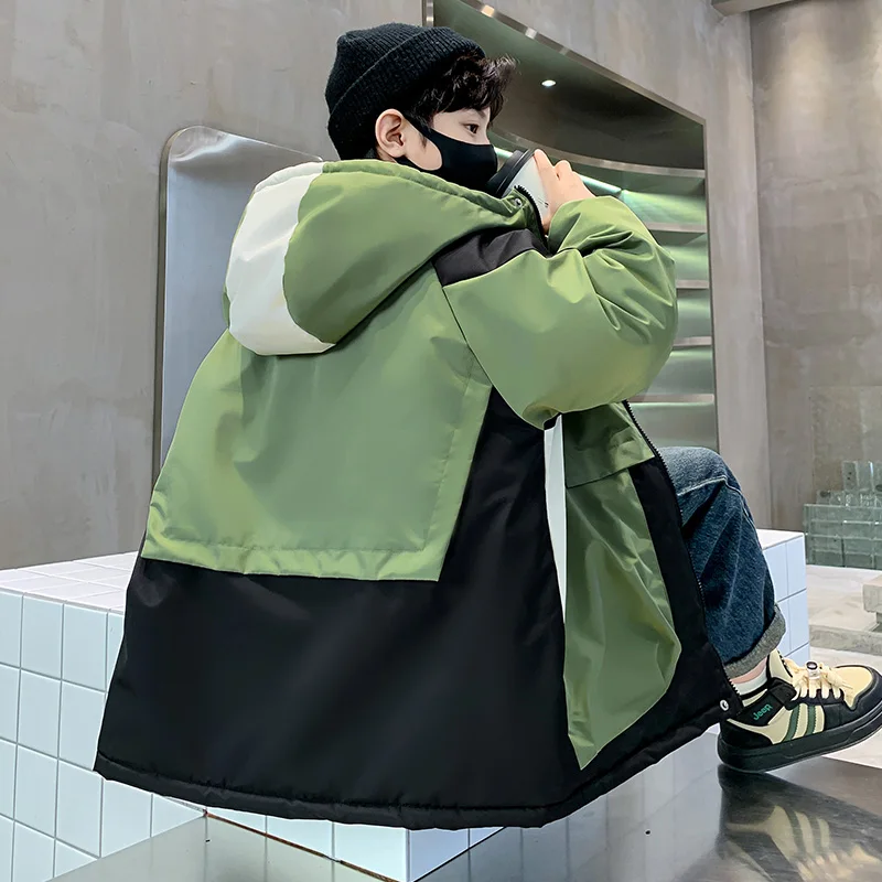 Kids Warm Patchwork Style Padded Parkas Coat For Boys Thermal Winter Jacket with Hood Jacket Zip Up Hoodie Trench Coat Outerwear