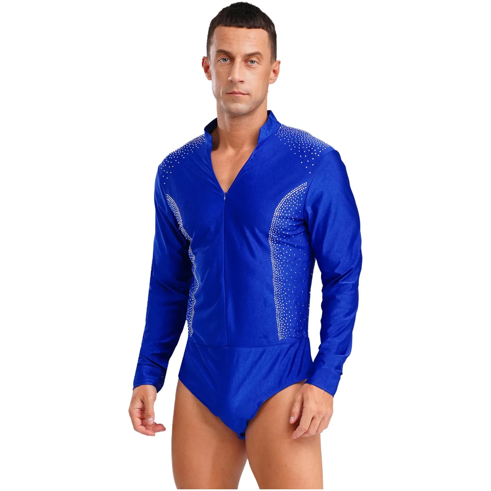Mens Gymnastics Figure Skating Latin Dance Bodysuit Tango Performance Costume V-neck Long Sleeve Sparkling Rhinestones Leotard