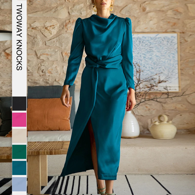 

High Quality Satin Long Sleeved Pleated Split Dresses For Women Autumn Winter New Elegant Half High Collar Party Evening Dress