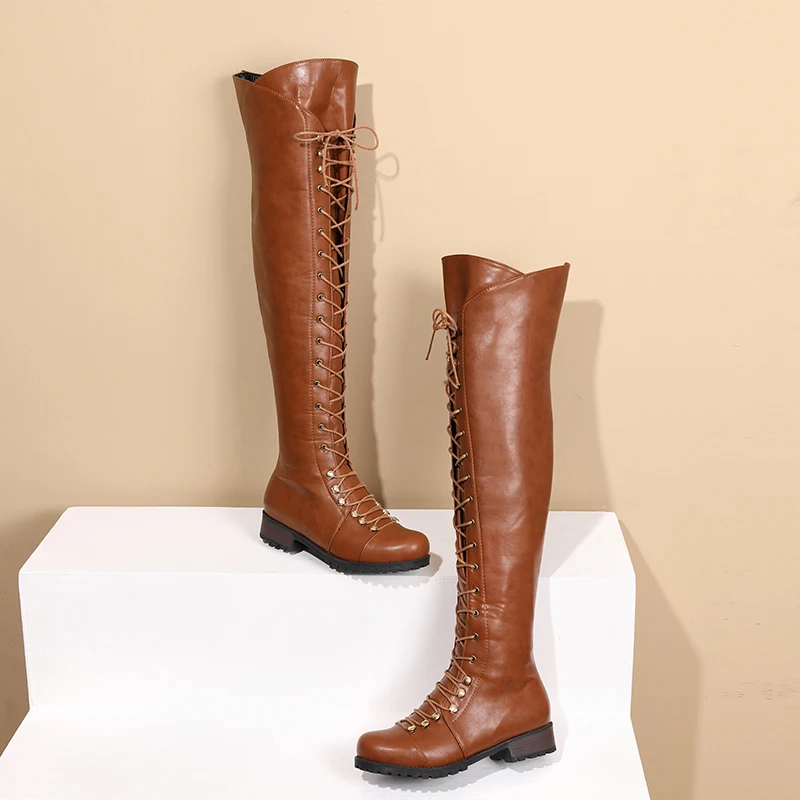 Rivet Metal Round Hole Cross Lace Up Thick Heel Long Tube Women's Boots Side Zipper Plush Inside Over-the-Knee Boots 2022 Winter