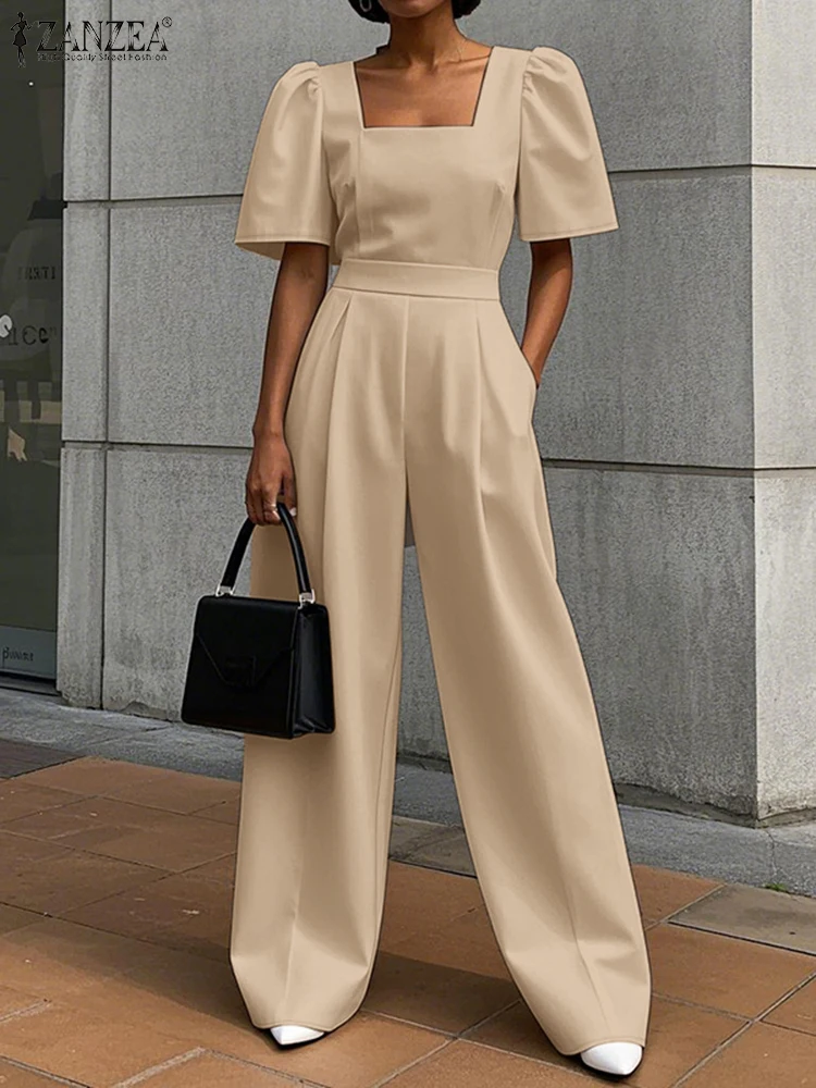ZANZEA Solid Elegant Jumpsuits Woman Street Fashion Commute Fitted Waist Wide Leg Pant Overalls Short Sleeve Square Neck Rompers 5