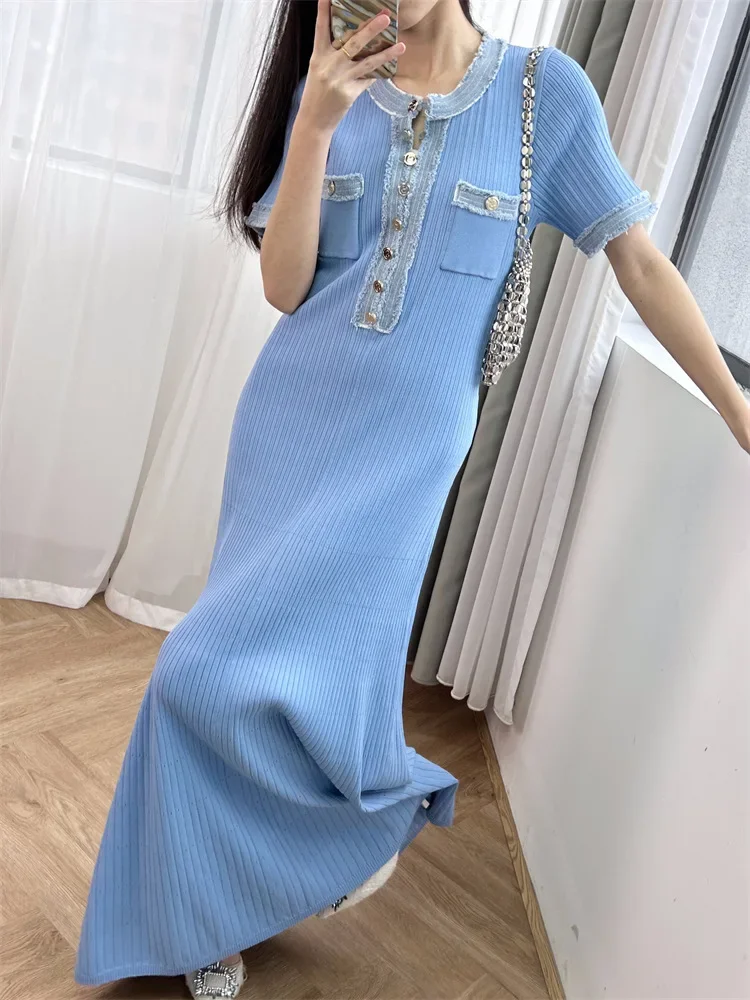 

Women Blue or White Knit Dress Slim Fit Denim Splice Short Sleeve Fashion O-neck Buttons 2024 Spring Female Midi Robe