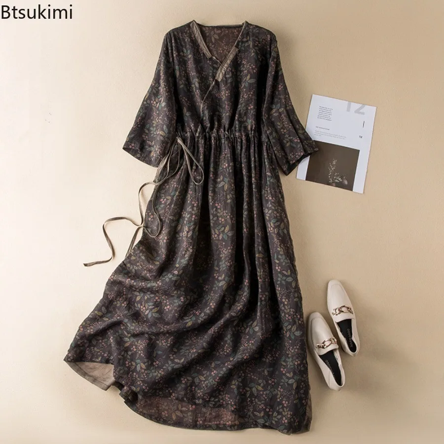 

2024 New Women's Cotton Linen Dress Fashion V-neck Floral Print Vintage Lace-up A-Line Long Dresses Females Kimono Robe Vestidos