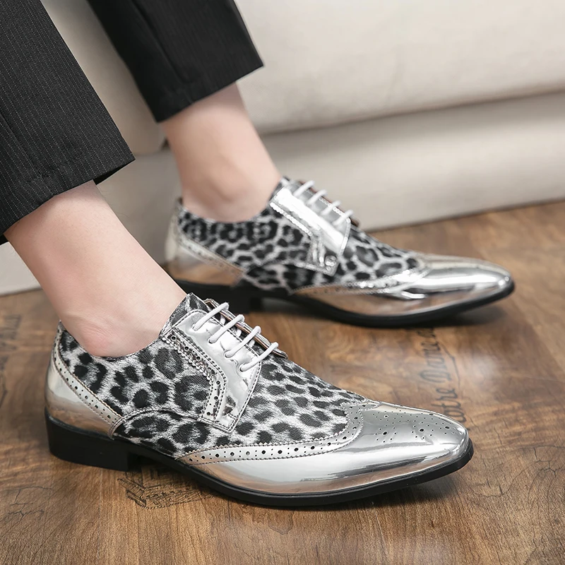 Luxury Leopard Print Formal Men Derby Dress Shoes Classic Dress Loafers Lace-Up Silver Golden Causal Footwear 39-45 6