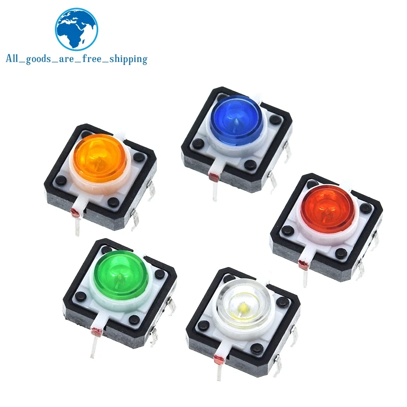 TZT 5PCS 12X12X7,3mm Tactile Push Button Switch Momentary Tact LED 5 Farbe 12*12*7,3mm 12*12*7,3 Rot Grün Blau Gelb Weiß