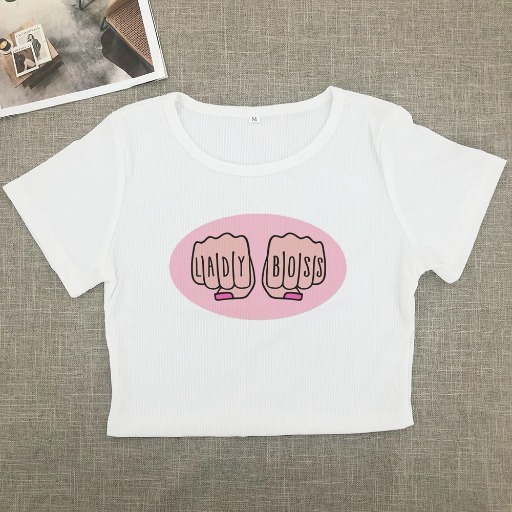 American basic round neck pullover letter print knit short sleeve T-shirt Spice Girls Summer Slim-fit crop top