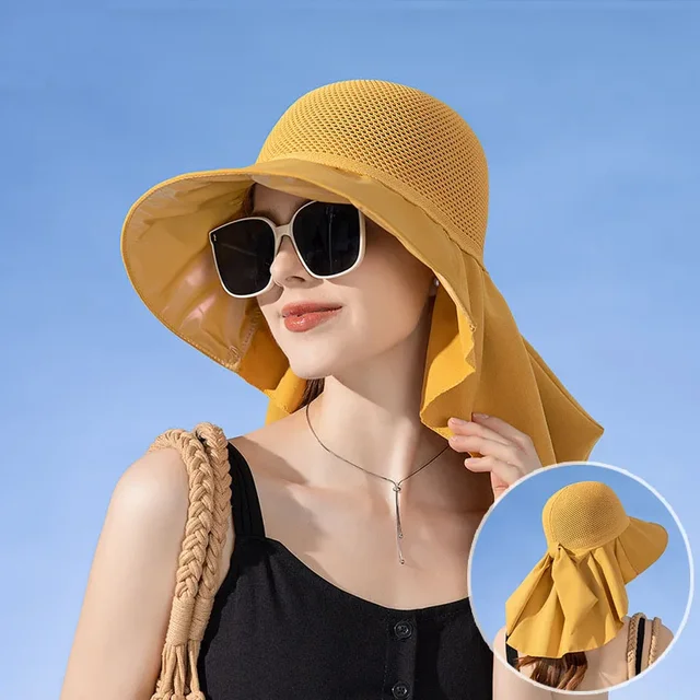 Summer Women Bucket Hat with Shawl Lightweight Breathable Mesh Face Neck Protection Sun Hat Bow Pleat Design Travel Beach Cap 3