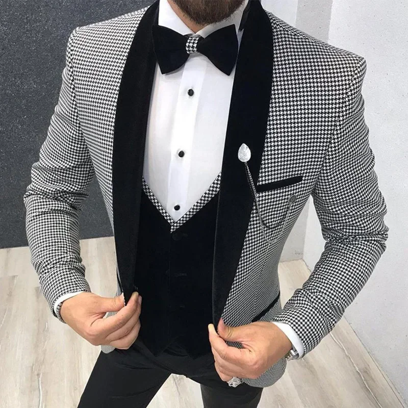 3 Pcs Houndstooth Men Suit Slim Fit for Dinner Prom Tailor Groom Wedding Tuxedo Best Male Fashion (Jacket + Pants + Vest)