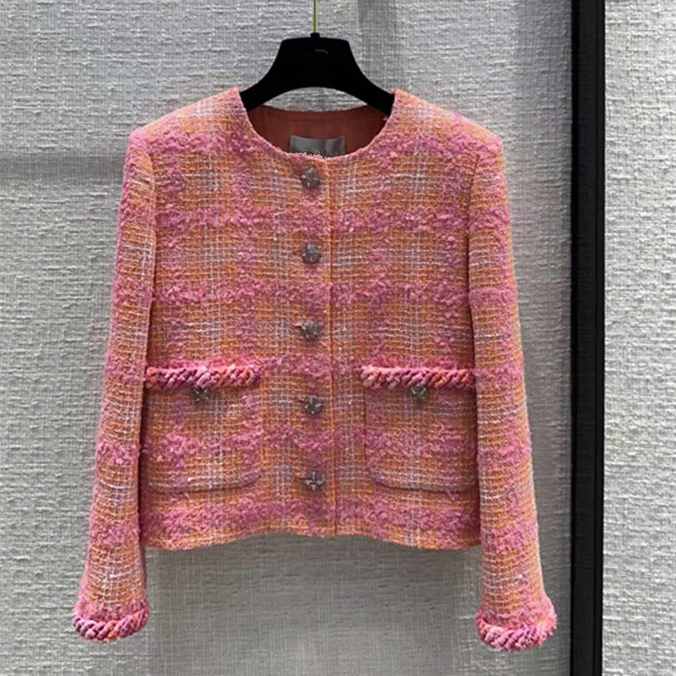 

Europe and the United States women's 2024 winter new Round neck Long sleeve single breasted orange pink fashion The tweed jacket