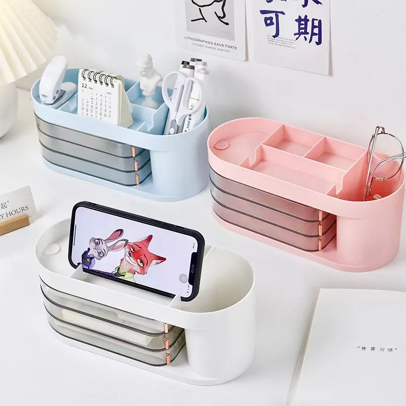 

Kawaii Rotatable Clear Desktop Organizer Multifunction Pen Holder Cosmetics Jewellery Storage Box School Stationery Accessories