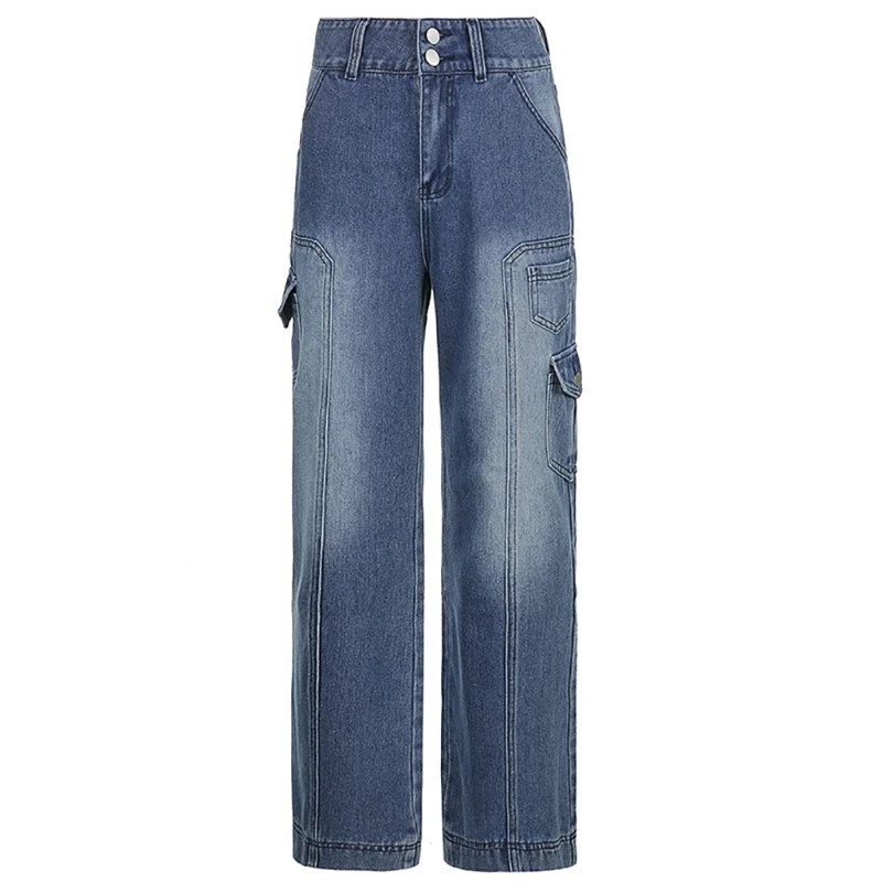 

Women's High Waist Jeans Retro-Wide Leg Trousers Multi-pocket Baggy-Cargo-Pants