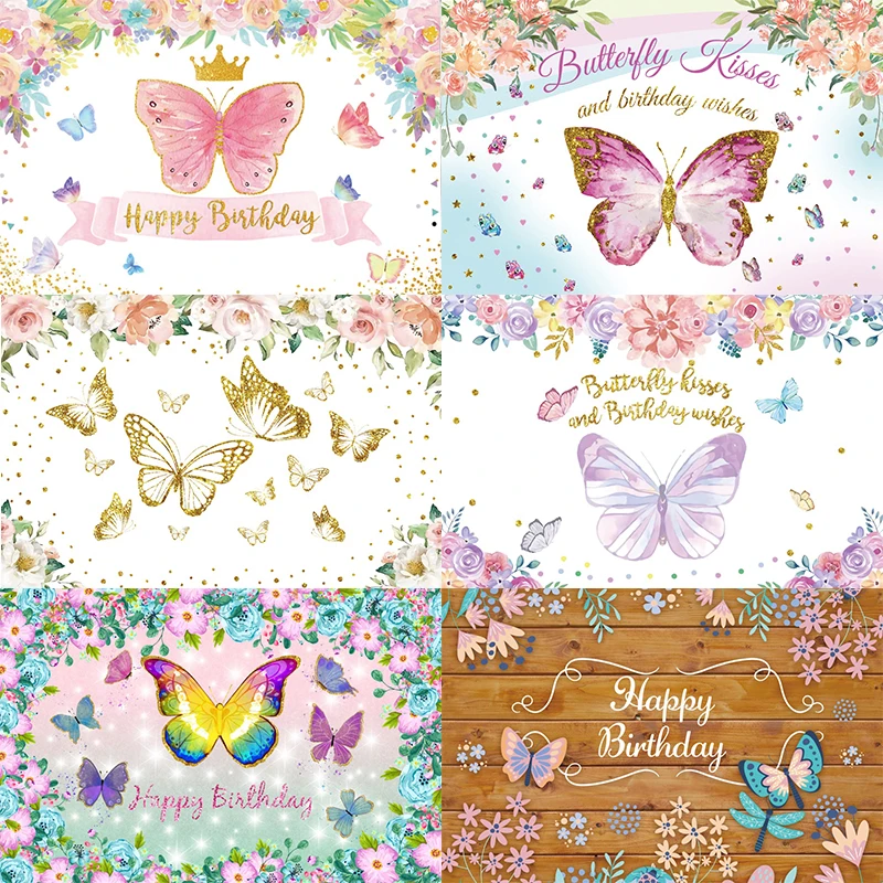 

Butterfly Backdrop Happy Birthday Party Girls Boy One Baby Shower Princess Photography Background Photographic Banner