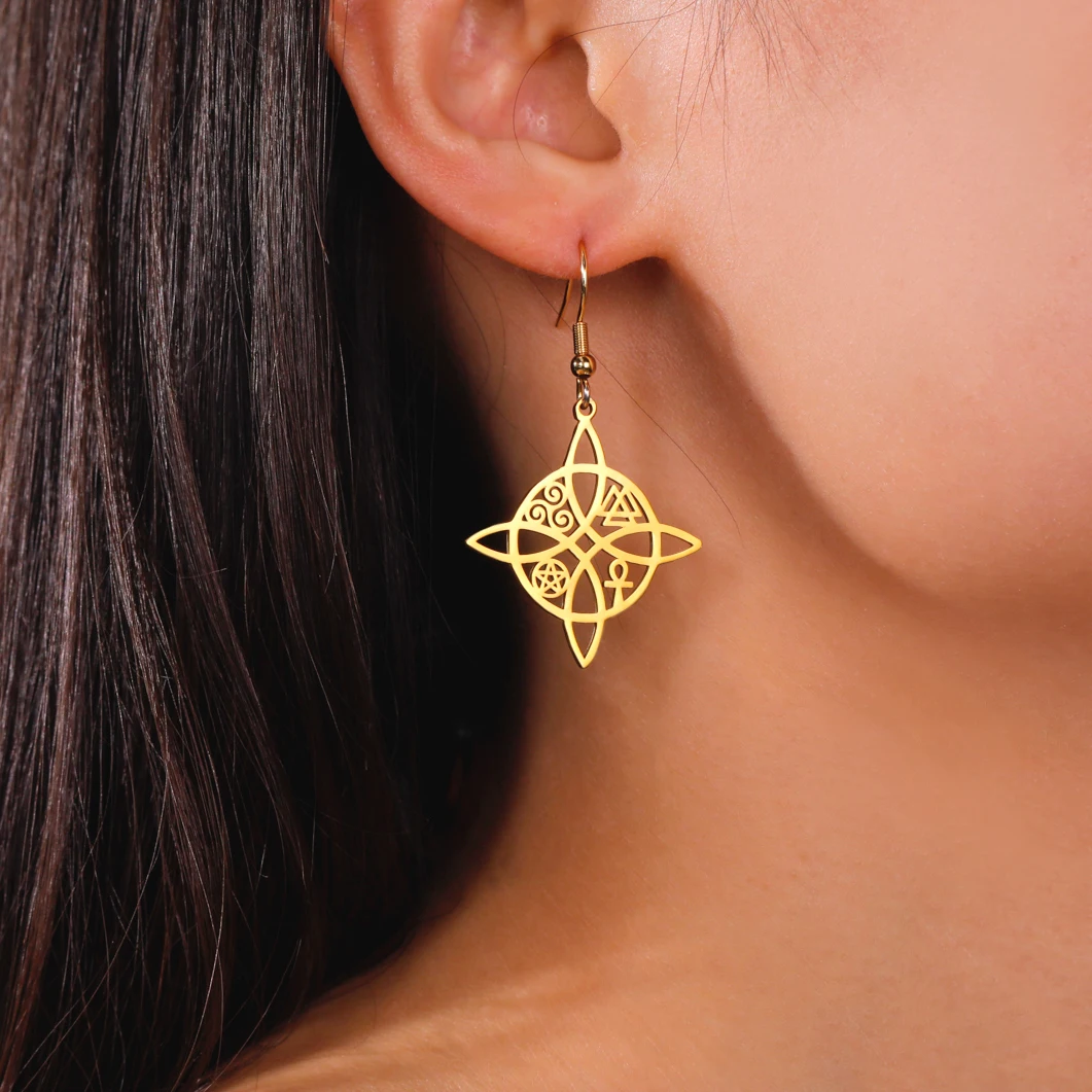 Skyrim Witch Knot Drop Earrings Stainless Steel Valknut Triskelion Ankh Cross Pentacle Amulet Jewelry Birthday Gift