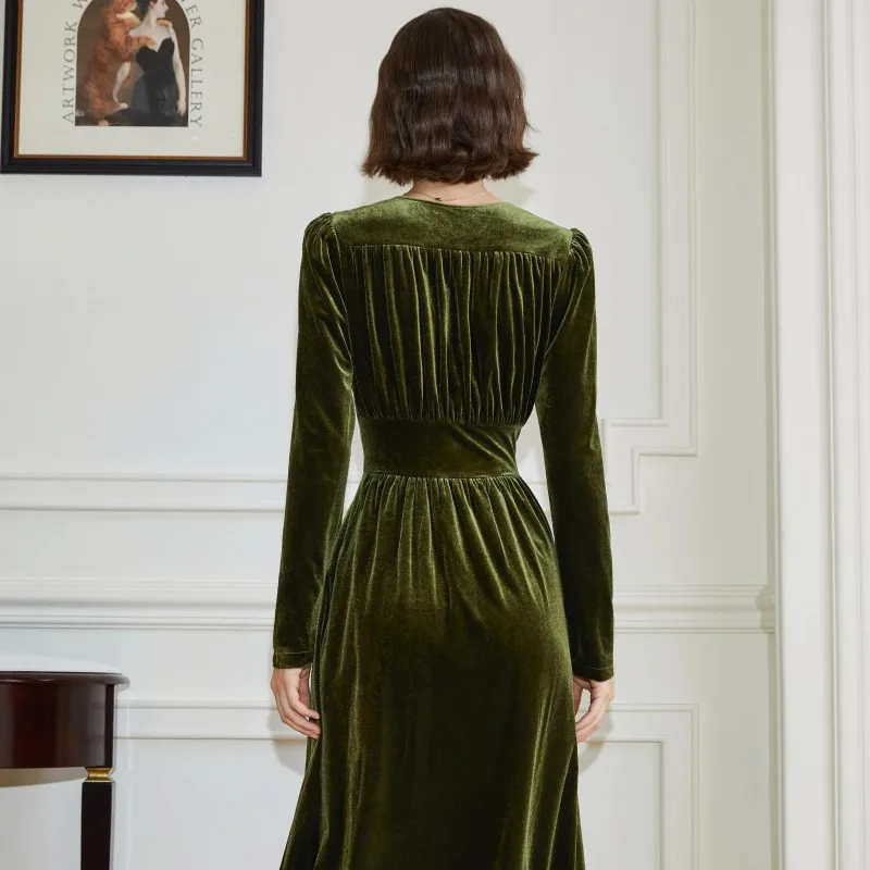 green emerald velvet dress Olive Rose Draped Velvet Dress
