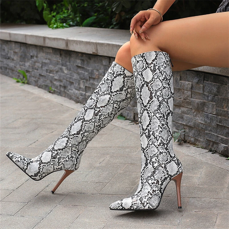 2022 White Snake Print Leather Over the Knee Boots Thin Heel