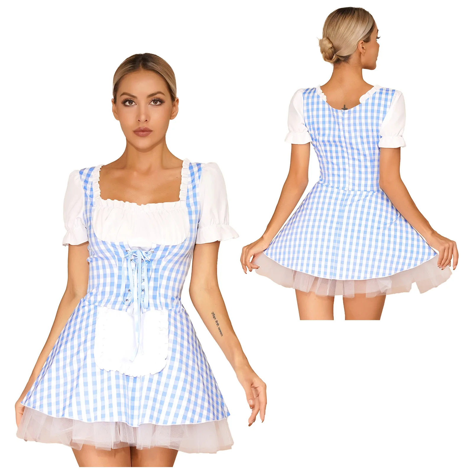 thumbnail image 1 of Delantal con volantes y cordones frontales para mujer, vestido de sirvienta a cuadros, disfraz de sirvienta para fiesta de disfraces, vestido de Halloween Miss Muffet, 1 of 5