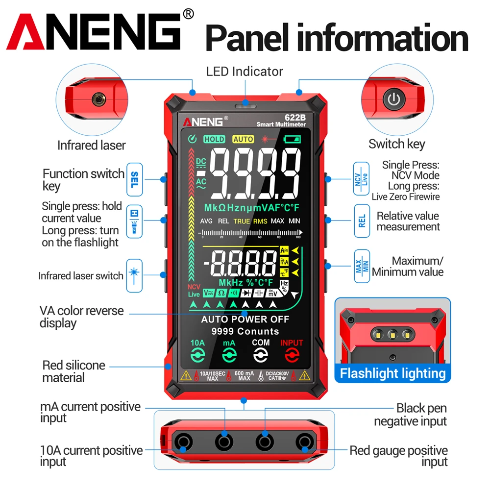 적외선 레이저 멀티미터 ANENG 622B 스마트 전문가용 VA 컬러 스크린 NCV 감지 AC/DC 전압 전류 9999 카운트 툴