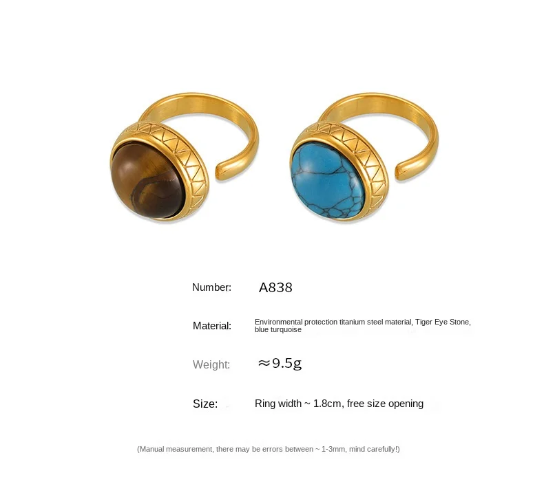 Natürlicher türkis farbener Vintage-Ring Damen Edelstahl vergoldet offener runder Ring weiblicher Modeschmuck Geschenk – Detail 12
