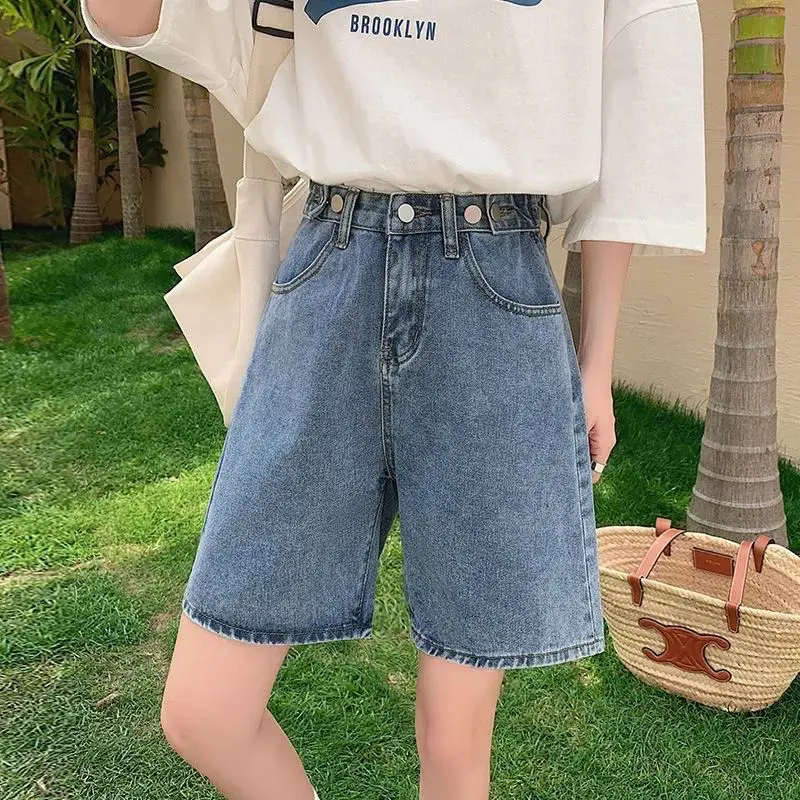 2023 Fashion Summer Half Women Denim Shorts High Waist Belted Loose Female Short Jeans Streetwear