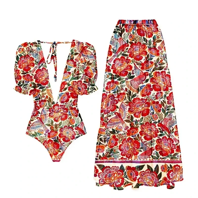 One Piece Swimsuit Two Piece Swimsuit Deep V-Neck One-Piece Swimwear Suits Women's Retro Halter Beach Wear Bikini