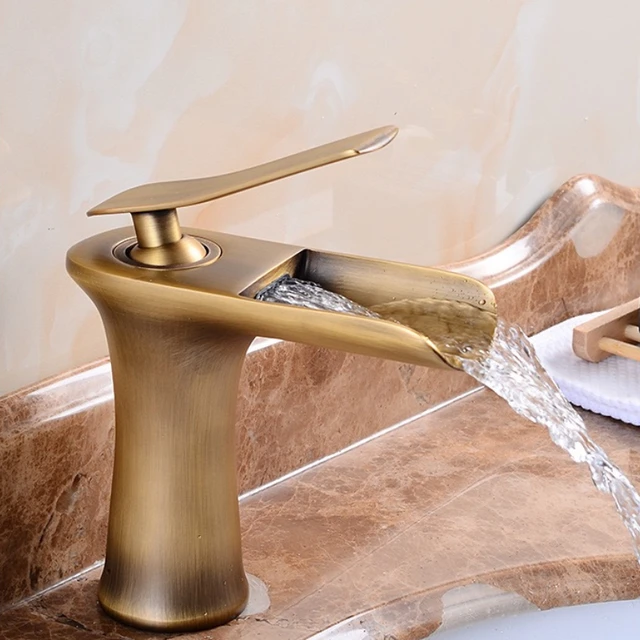 ก๊อกน้ําอ่างล้างหน้าน้ําตกก๊อกน้ําห้องน้ําเดี่ยวอ่างล้างหน้าแตะ Bath ก๊อกน้ําทองเหลืองโบราณอ่างล้างจาน Water Crane Silver ก๊อก 1