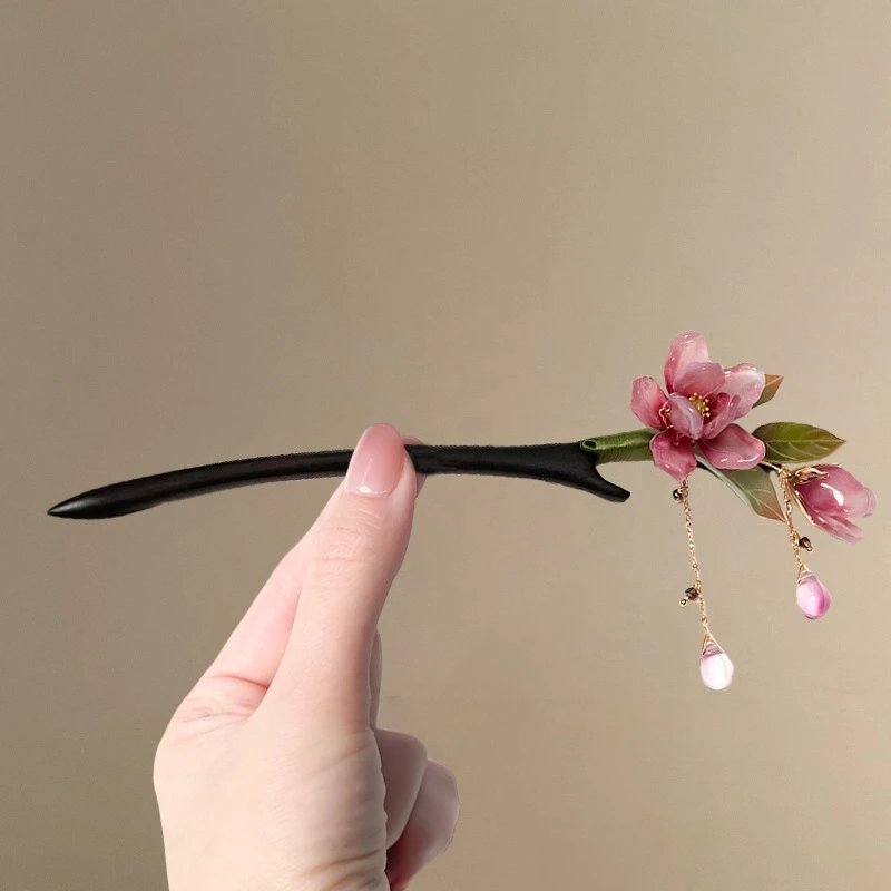 Floral Hair Stick Chinese Style Hairpin, Pink Flower Tassel Retro Traditional Hanfu Elegant Hair Accessory For Women Daily Party