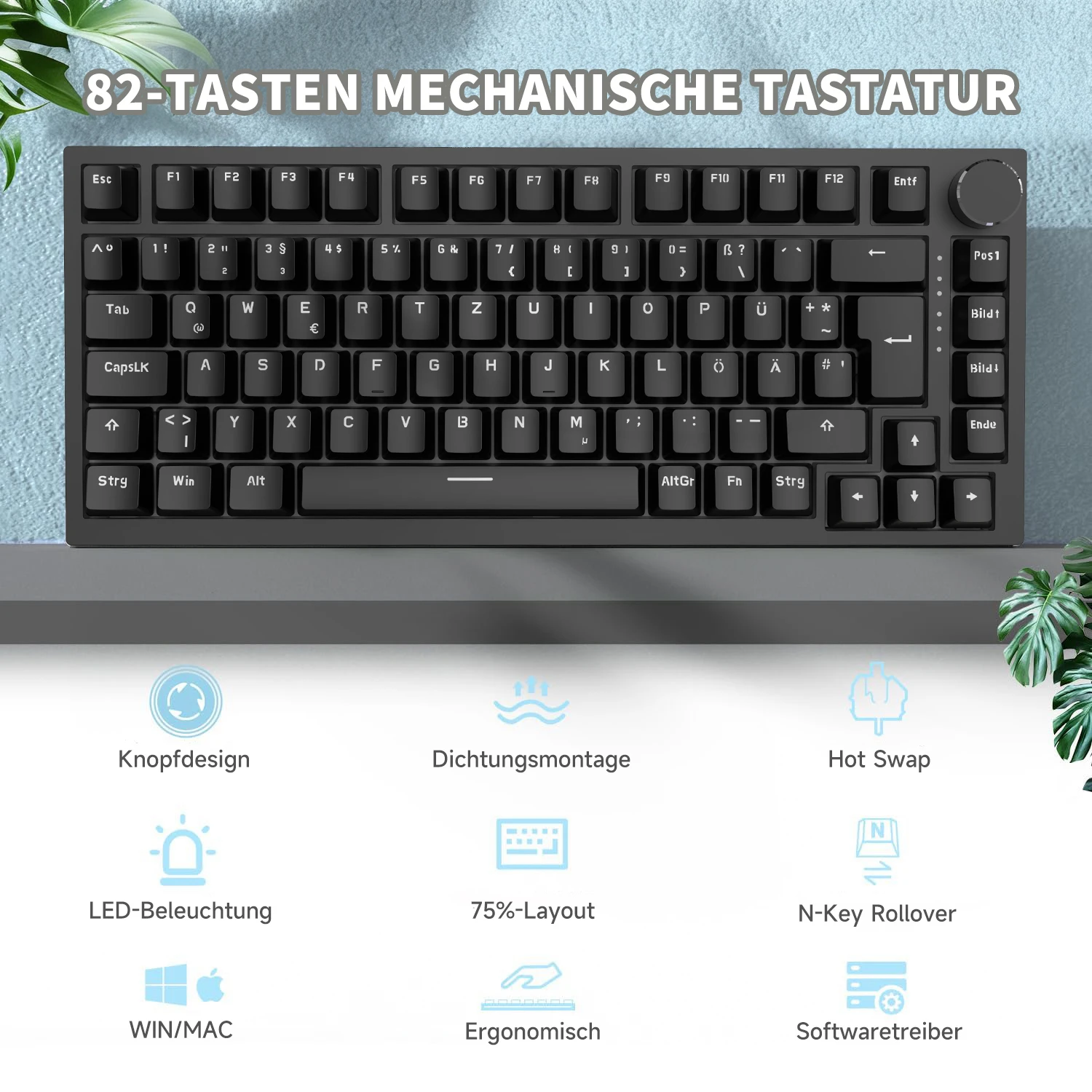 Ajazz AK820 Gaming-Tastatur mit austauschbaren, hot-swappable Tastenkappen und drehbaren Lautstärkereglern. – Detail 8